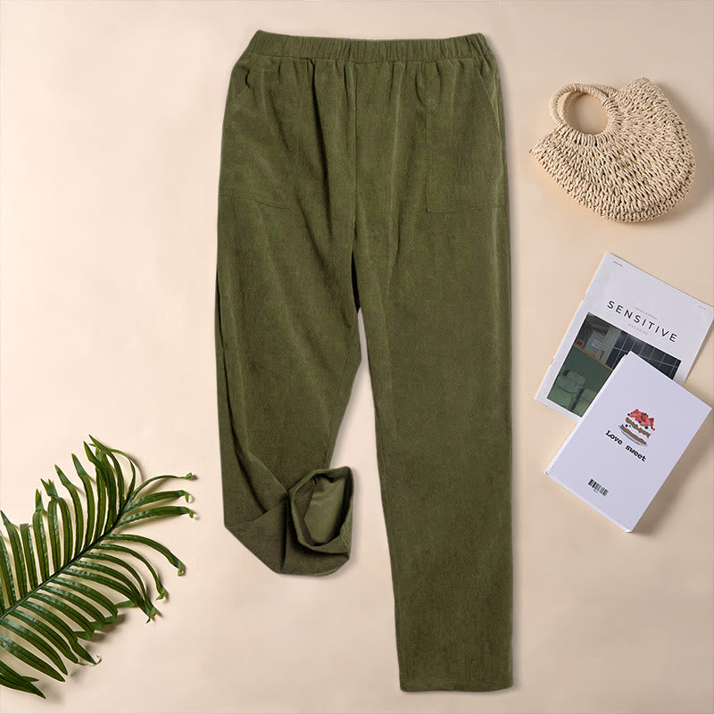 Pantaloni da donna in velluto a coste color puro Buddha Stones con tasche - Verde oliva - US16, UK/AU20, EU48 (3XL) - image 23