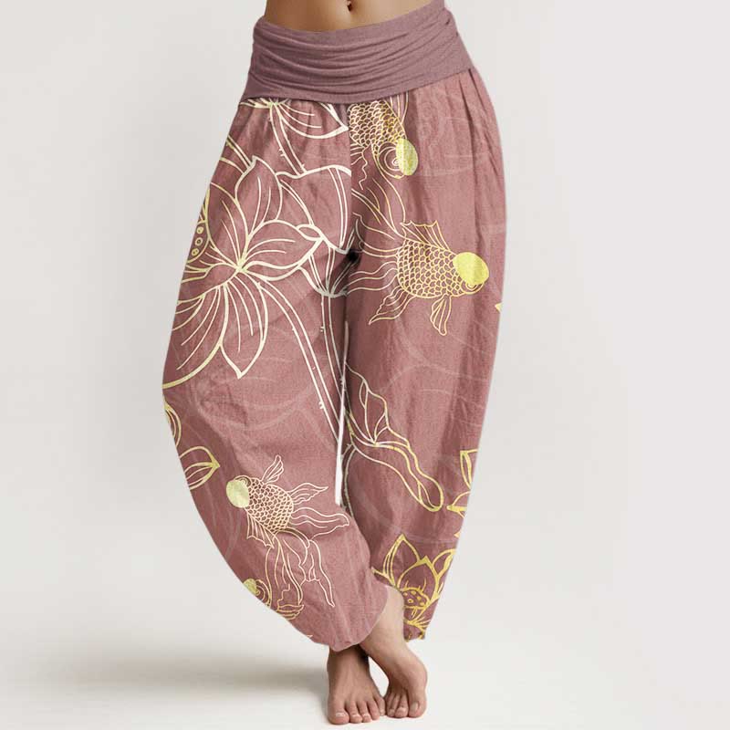 Pantaloni harem da donna con elastico in vita, in puro cotone, con foglie di loto e pesci koi, motivo Buddha Stones - Rosso viola pallido - US22, UK/AU26, EU54 (6XL) - image 14