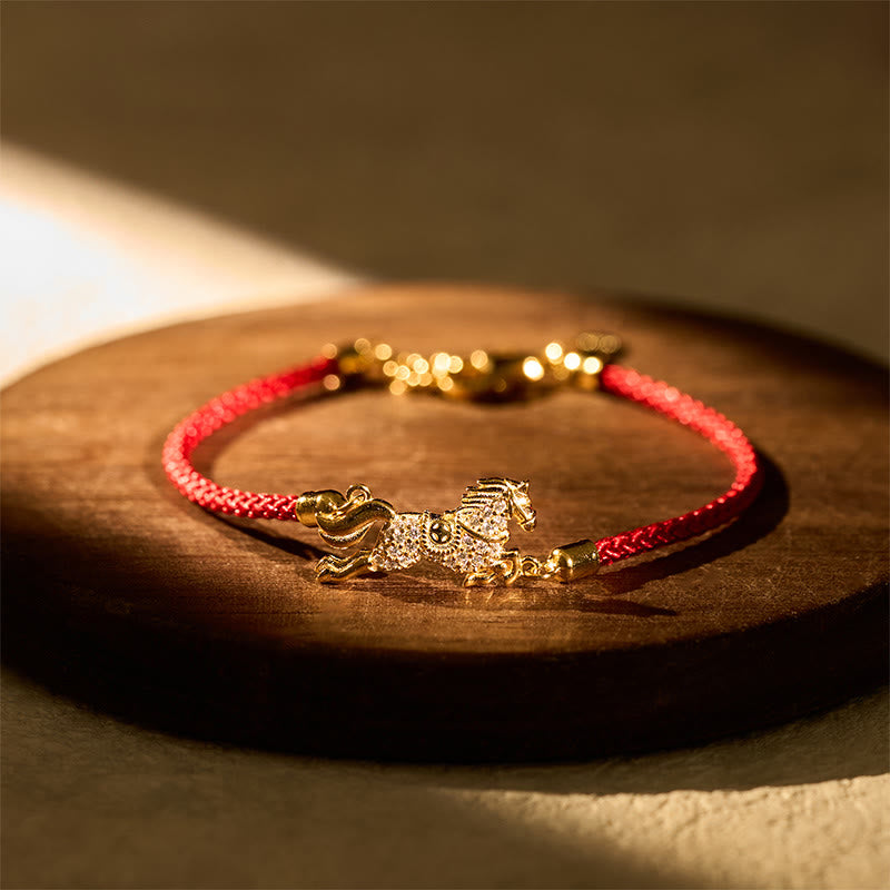 Bracciale portafortuna in argento sterling 925 con corda rossa dorata e pietre Buddha Stones, zodiaco cinese, anno del cavallo - image 1