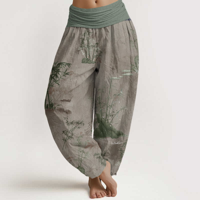 Pantaloni harem da donna con elastico in vita, in puro cotone, casual, con Buddha Stones di bambù e pittura a inchiostro - Tan - US22, UK/AU26, EU54 (6XL) - image 6