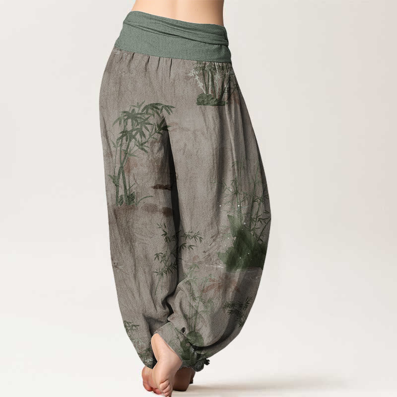 Pantaloni harem da donna con elastico in vita, in puro cotone, casual, con Buddha Stones di bambù e pittura a inchiostro - image 7