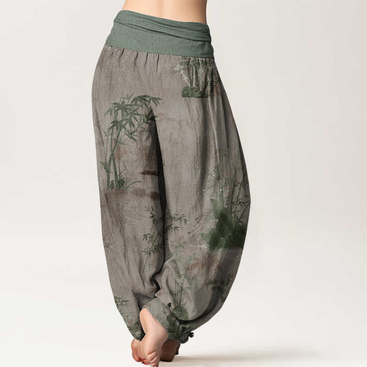 Pantaloni harem da donna con elastico in vita, in puro cotone, casual, con Buddha Stones di bambù e pittura a inchiostro - image 7