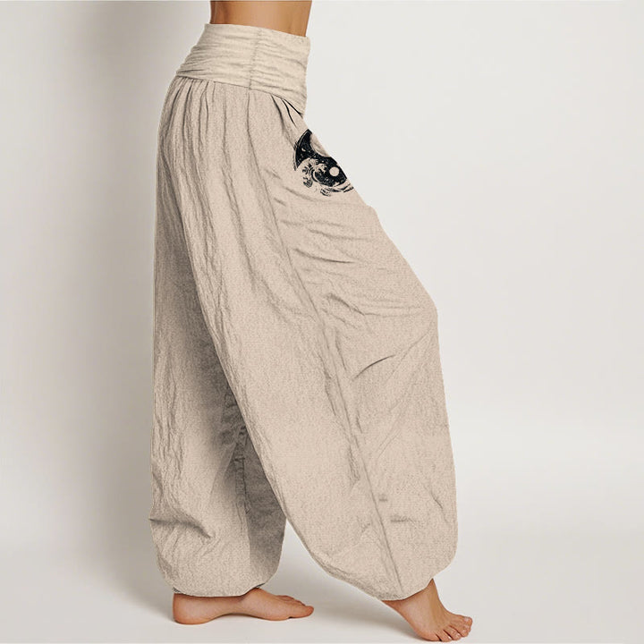 Pantaloni harem da donna in puro cotone con elastico in vita, motivo floreale, motivo con onde e drago Yin Yang Buddha Stones - image 13