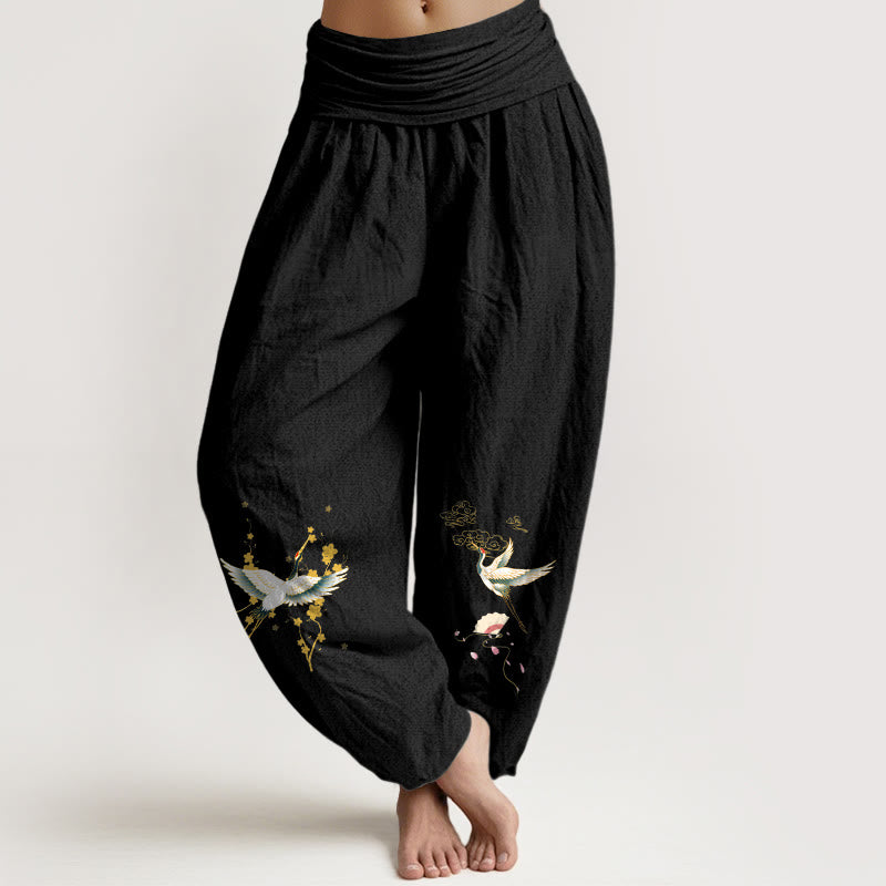 Pantaloni harem da donna in puro cotone con elastico in vita, motivo floreale, motivo con gru, nuvole di buon auspicio Buddha Stones - Nero - US16, UK/AU20, EU48 (3XL) - image 11