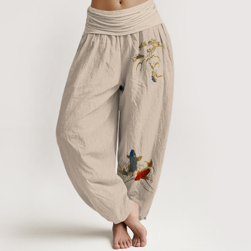 Pantaloni harem da donna con elastico in vita, in puro cotone, con motivo a pesci koi e albero di pino Buddha Stones - Tan - US16, UK/AU20, EU48 (3XL) - image 11