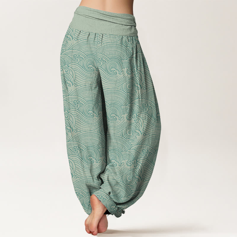 Pantaloni harem da donna con elastico in vita, in puro cotone, con motivo Fu e onde dell'oceano, motivo Buddha Stones - image 1