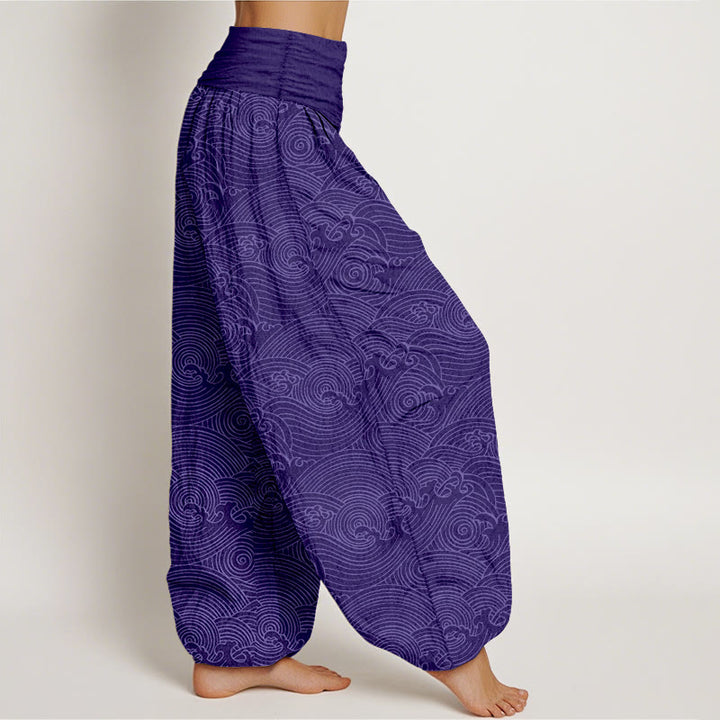 Pantaloni harem da donna con elastico in vita, in puro cotone, con motivo Fu e onde dell'oceano, motivo Buddha Stones - image 7