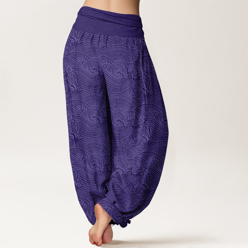 Pantaloni harem da donna con elastico in vita, in puro cotone, con motivo Fu e onde dell'oceano, motivo Buddha Stones - image 6