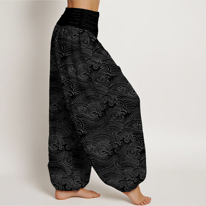 Pantaloni harem da donna con elastico in vita, in puro cotone, con motivo Fu e onde dell'oceano, motivo Buddha Stones - image 10