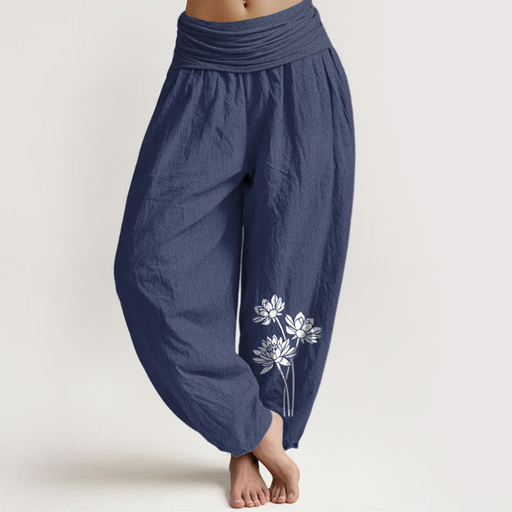 Pantaloni harem in cotone con elastico in vita e motivo a tre fiori di loto, casual, da donna, motivo Buddha Stones - Blu ardesia scuro - US16, UK/AU20, EU48 (3XL) - image 14