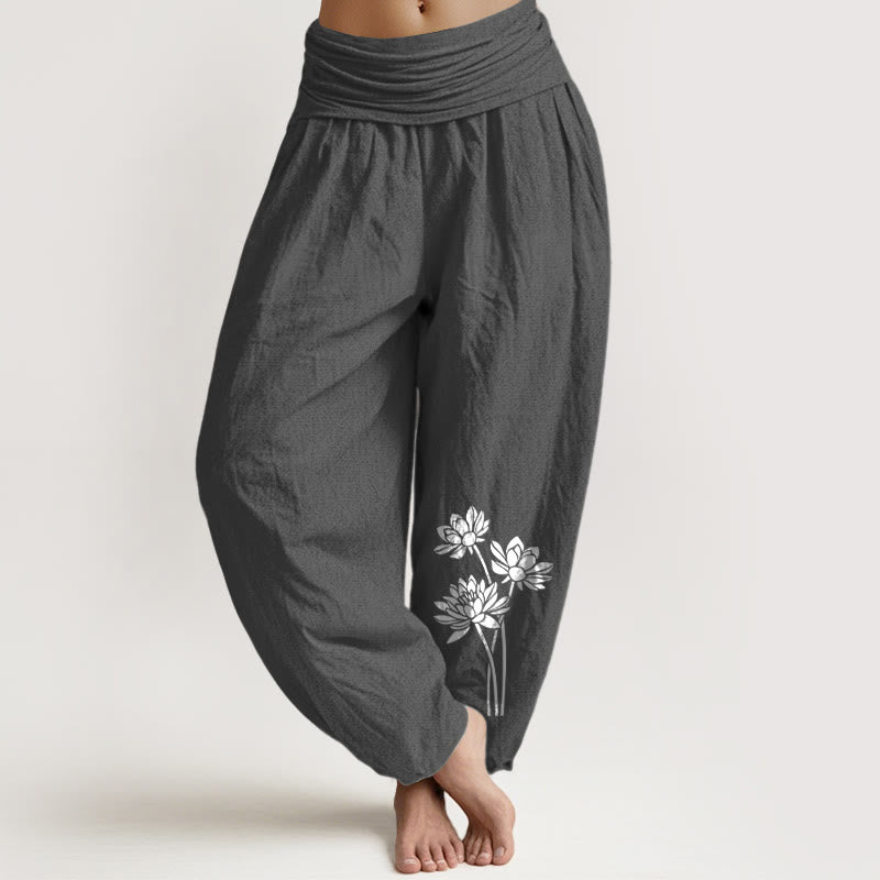 Pantaloni harem in cotone con elastico in vita e motivo a tre fiori di loto, casual, da donna, motivo Buddha Stones - Grigio tenue - US16, UK/AU20, EU48 (3XL) - image 0