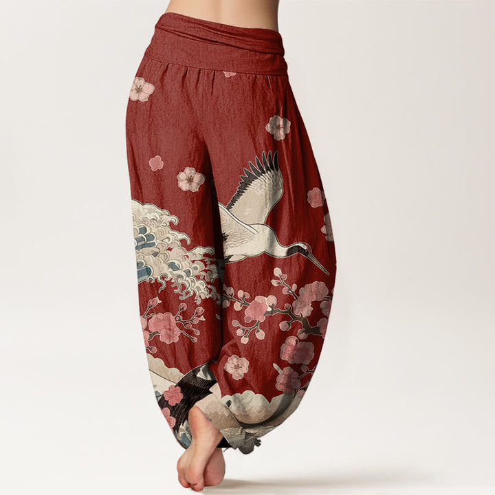 Pantaloni harem da donna con elastico in vita, in puro Buddha Stones , con gru e fiori di pesco e oceano - image 1