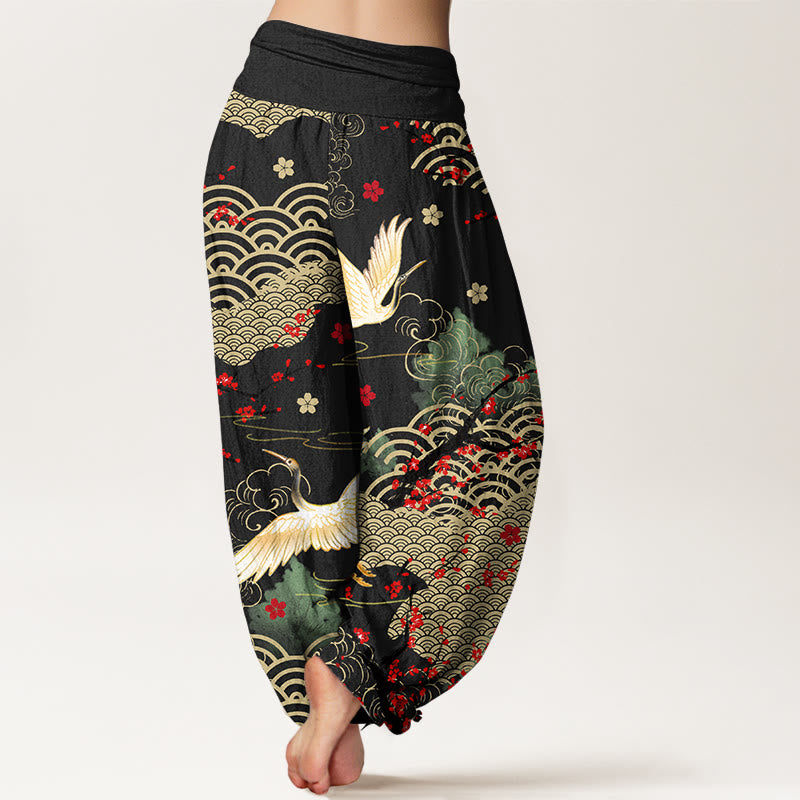 Pantaloni Buddha Stones in cotone con elastico in vita, motivo con gru, nuvole di buon auspicio e fiori, da donna - image 1