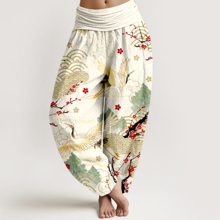 Pantaloni Buddha Stones in cotone con elastico in vita, motivo con gru, nuvole di buon auspicio e fiori, da donna - Avorio - US16, UK/AU20, EU48 (3XL) - image 8
