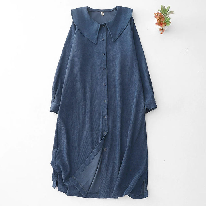 Abito midi in velluto a coste con maniche lunghe e tasche, motivo a bottoni semplici, motivo Buddha Stones Fall - Blu scuro - US8-10, UK/AU12-14, EU40-42 (2XL) - image 0