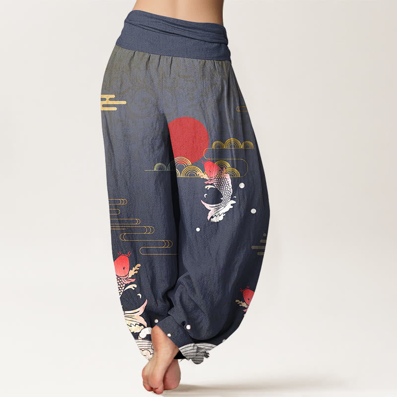 Pantaloni harem da donna in puro cotone con elastico in vita, motivo Buddha Stones Koi Fish, sole rosso, onde e nuvole - image 1