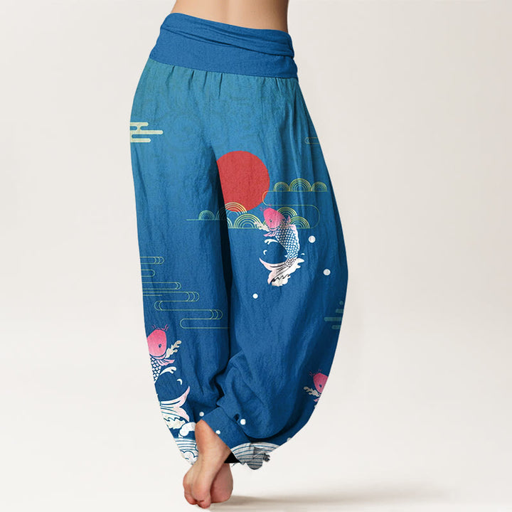 Pantaloni harem da donna in puro cotone con elastico in vita, motivo Buddha Stones Koi Fish, sole rosso, onde e nuvole - image 6