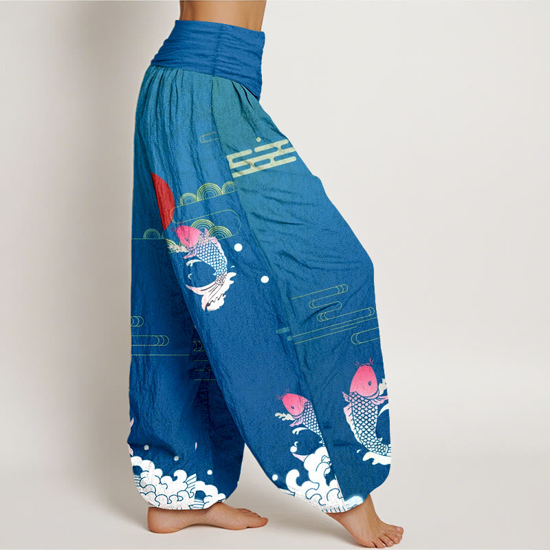 Pantaloni harem da donna in puro cotone con elastico in vita, motivo Buddha Stones Koi Fish, sole rosso, onde e nuvole - image 7