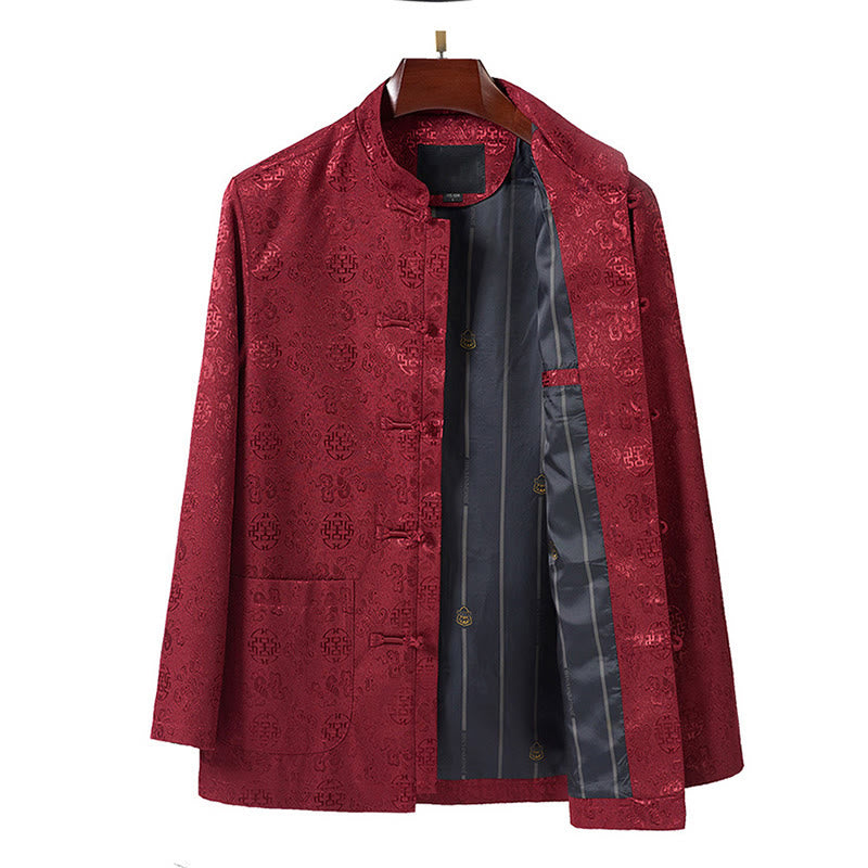Giacca da uomo in stile Tang con colletto rialzato, maniche lunghe, ricamo con Buddha Stones e tasche - image 2