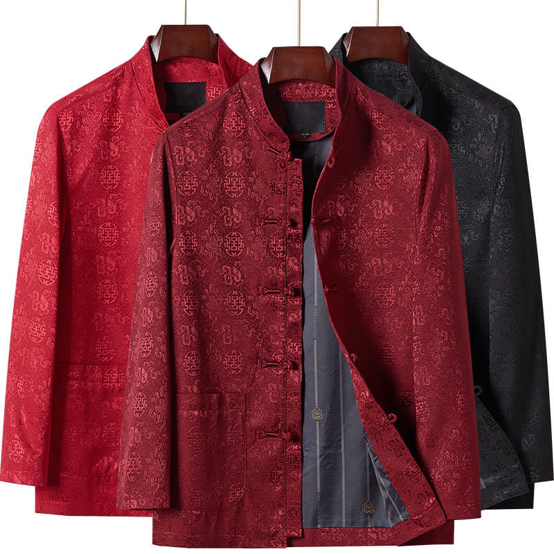 Giacca da uomo in stile Tang con colletto rialzato, maniche lunghe, ricamo con Buddha Stones e tasche - image 13