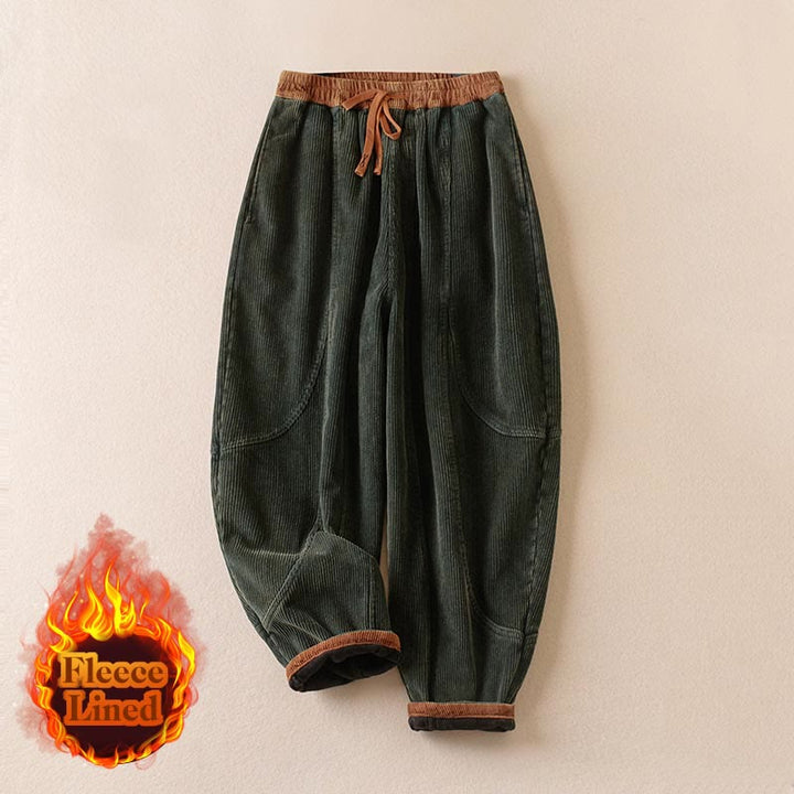 Pantaloni harem da donna in velluto a coste con contrasto di colore, foderati in pile termico e tasche, con Buddha Stones - image 2