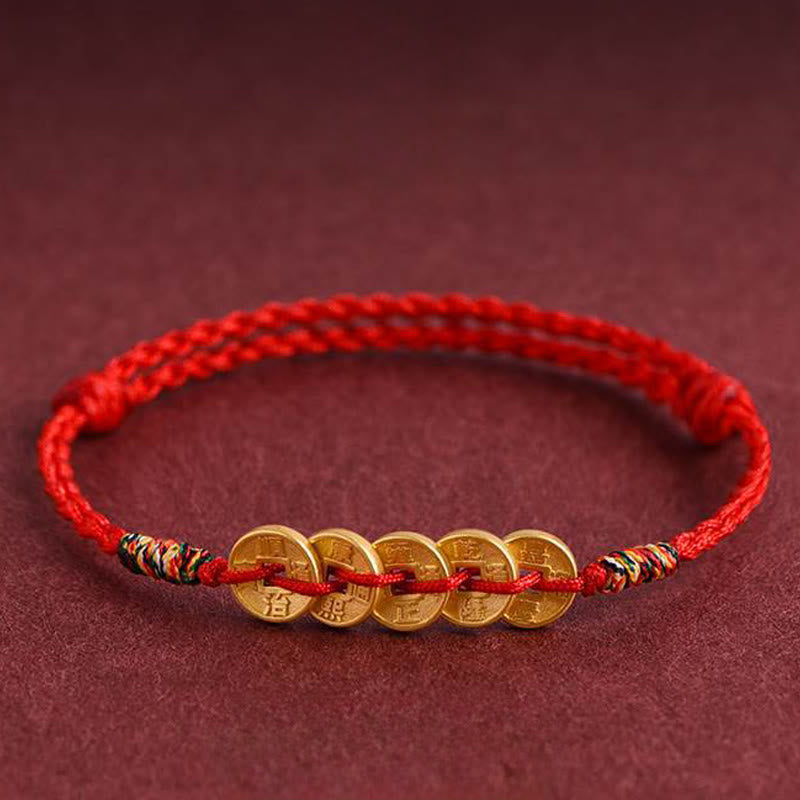 Braccialetto di protezione con cordino intrecciato e cinque monete di rame , Buddha Stones - image 0