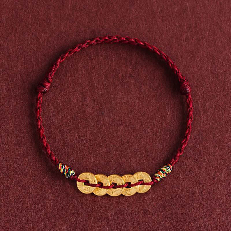 Braccialetto di protezione con cordino intrecciato e cinque monete di rame , Buddha Stones - Cavigliera rosso scuro - image 11