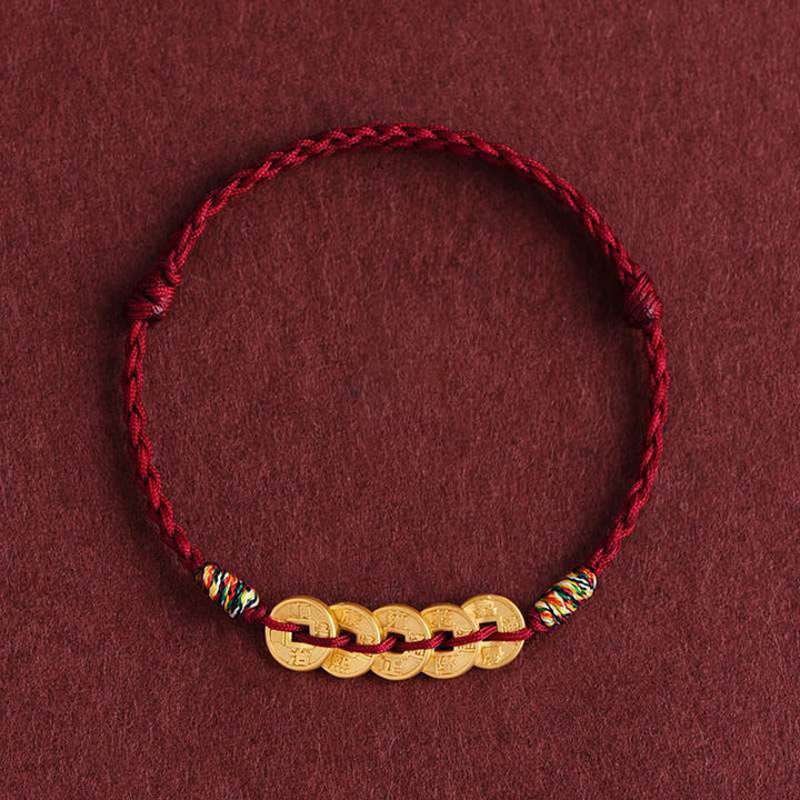 Braccialetto di protezione con cordino intrecciato e cinque monete di rame , Buddha Stones - Cavigliera rosso scuro - image 11