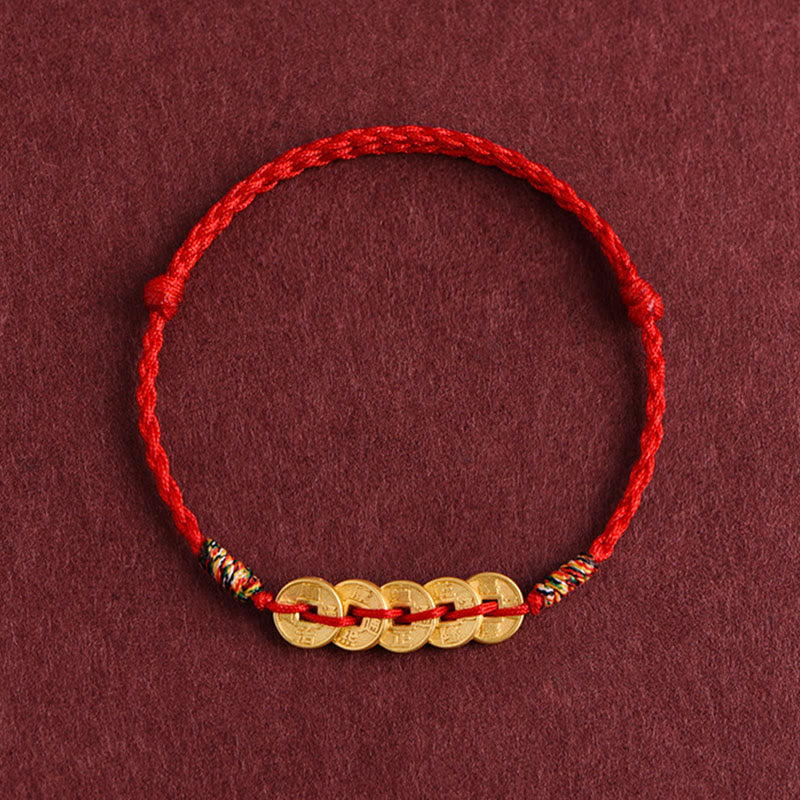 Braccialetto di protezione con cordino intrecciato e cinque monete di rame , Buddha Stones - Cavigliera rossa - image 1