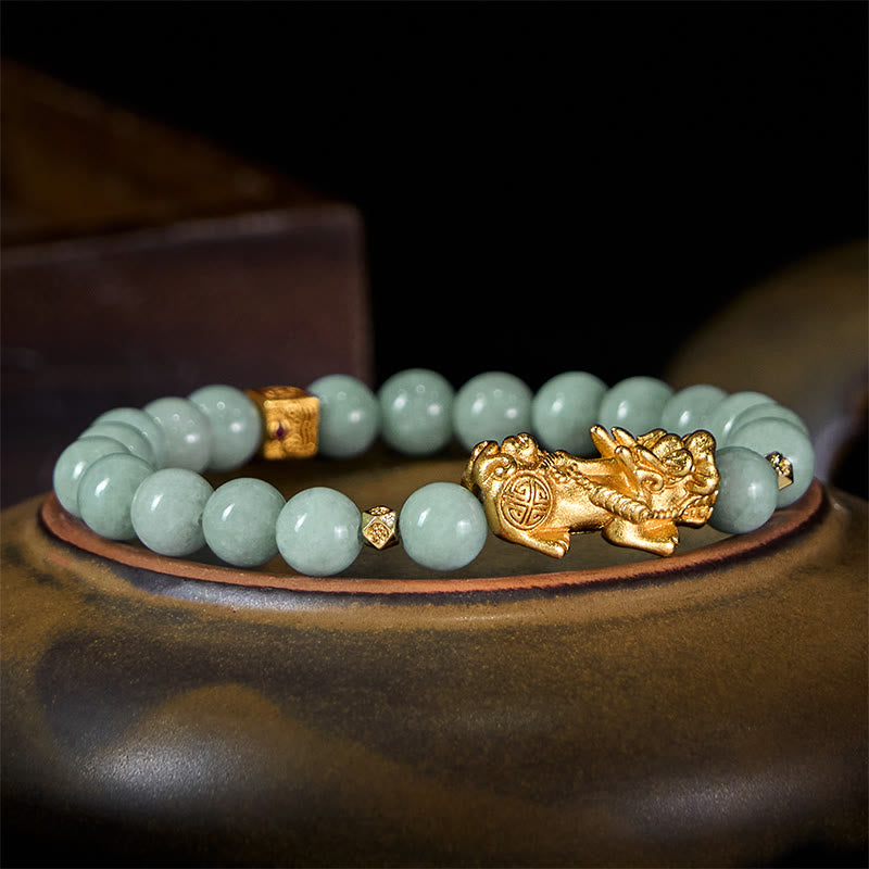 Braccialetto di perline di giada con ciondolo Pi Xiu dorato e Buddha Stones - image 1