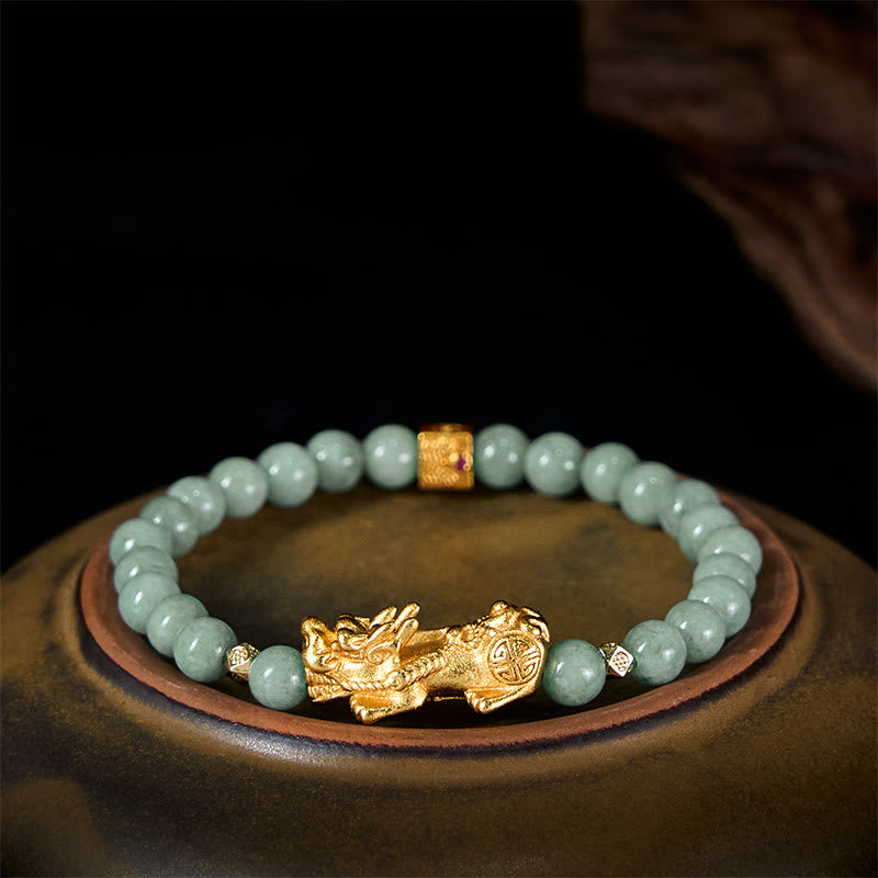 Braccialetto di perline di giada con ciondolo Pi Xiu dorato e Buddha Stones - Giada da 6 mm (circonferenza del polso: 14-16 cm) - image 9