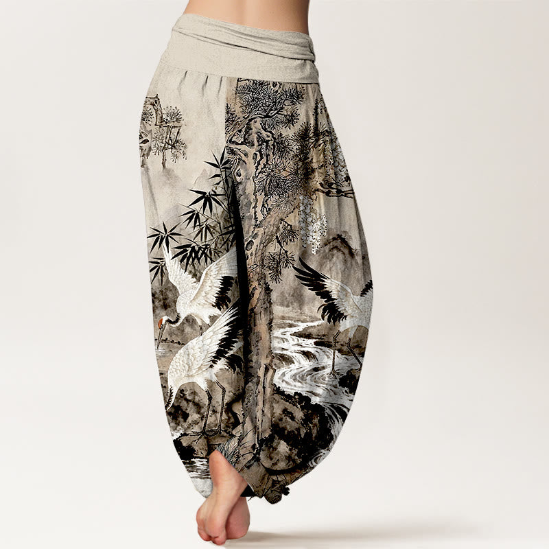 Pantaloni harem da donna con elastico in vita, in puro cotone, con motivo a gru coronata rossa, motivo Buddha Stones - image 1