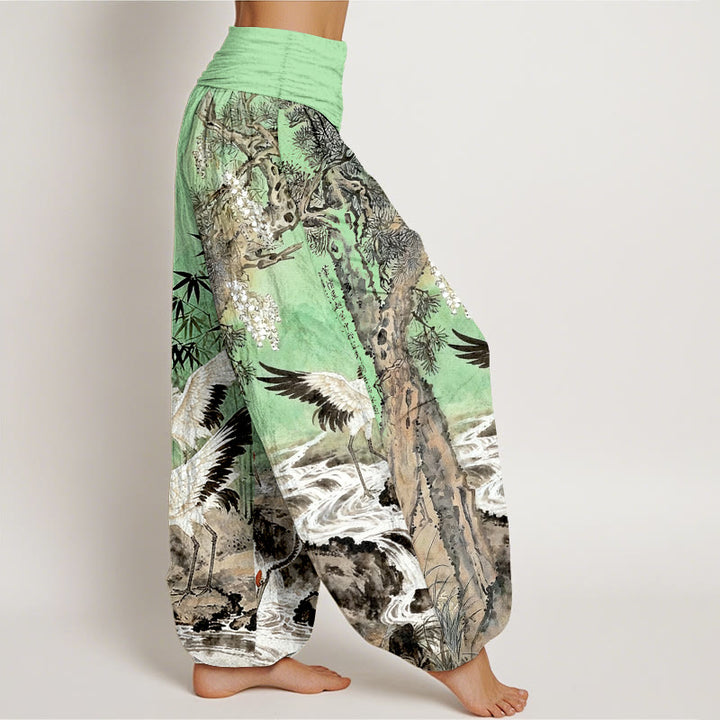 Pantaloni harem da donna con elastico in vita, in puro cotone, con motivo a gru coronata rossa, motivo Buddha Stones - image 7