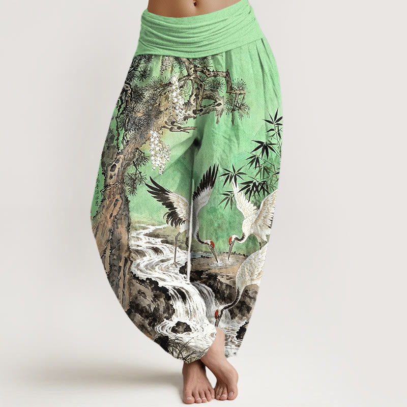 Pantaloni harem da donna con elastico in vita, in puro cotone, con motivo a gru coronata rossa, motivo Buddha Stones - Verde chiaro - US16, UK/AU20, EU48 (3XL) - image 5