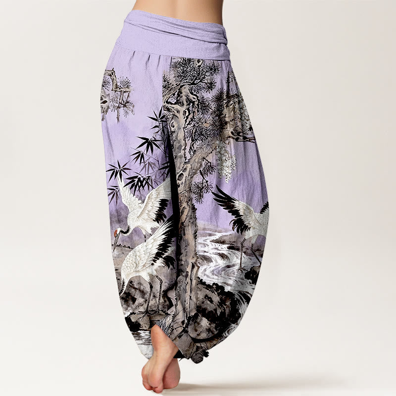 Pantaloni harem da donna con elastico in vita, in puro cotone, con motivo a gru coronata rossa, motivo Buddha Stones - image 9