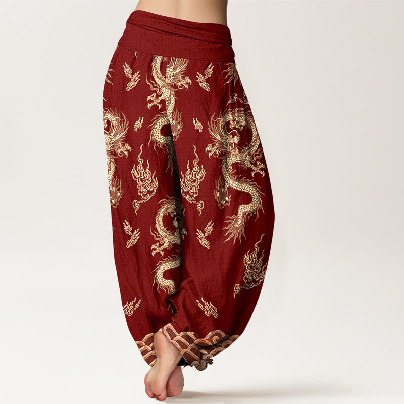 Pantaloni harem da donna con elastico in vita, motivo drago e nuvola in puro cotone Buddha Stones - image 1