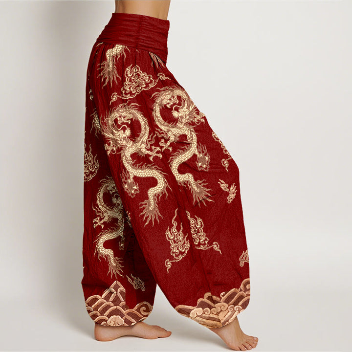 Pantaloni harem da donna con elastico in vita, motivo drago e nuvola in puro cotone Buddha Stones - image 2