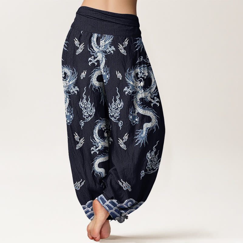 Pantaloni harem da donna con elastico in vita, motivo drago e nuvola in puro cotone Buddha Stones - image 9