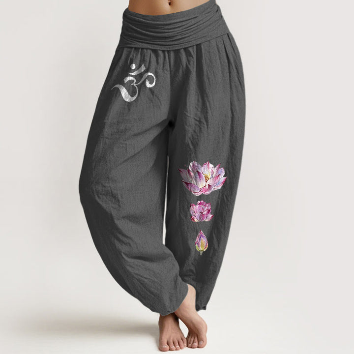 Pantaloni harem da donna in puro cotone con elastico in vita e motivo Buddha Stones, loto in fiore e simbolo Om - Grigio tenue - US16, UK/AU20, EU48 (3XL) - image 8