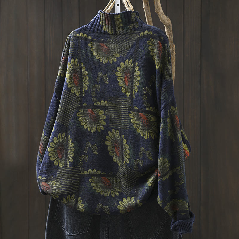 Maglione da donna in cotone a maniche lunghe con collo alto e motivo a girasole Buddha Stones - image 3