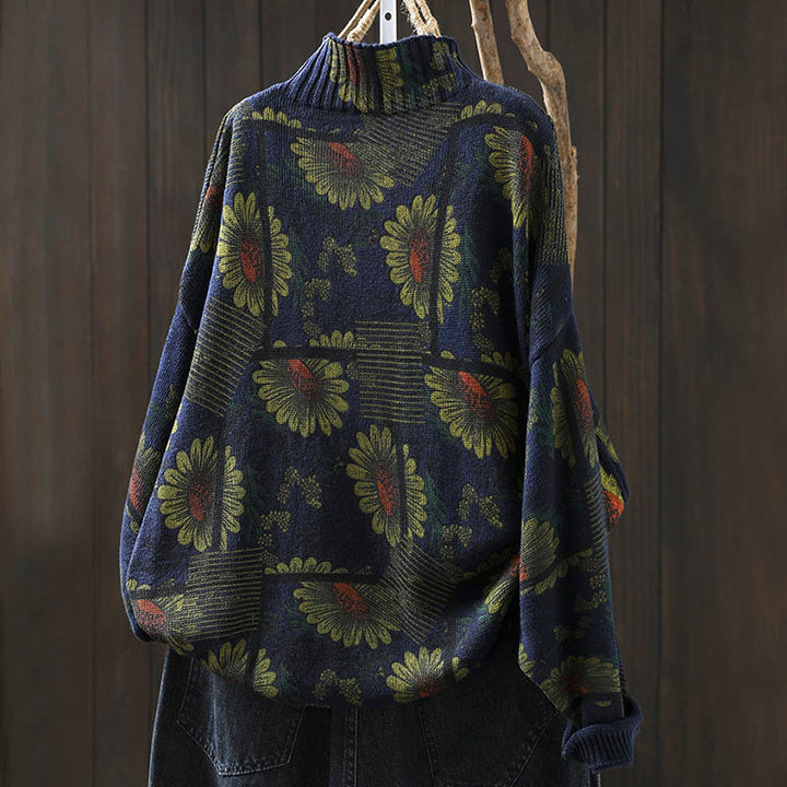 Maglione da donna in cotone a maniche lunghe con collo alto e motivo a girasole Buddha Stones - image 3