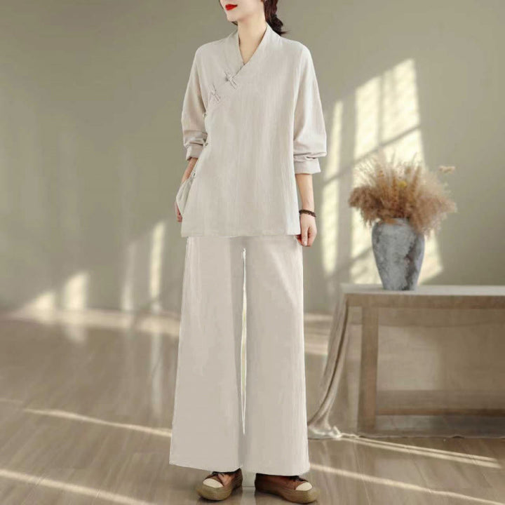 Completo da donna con motivo Buddha Stones, composto da maglietta a maniche lunghe con scollo a V e pantaloni a gamba larga, ideale per la meditazione zen. - Camicia e pantaloni beige - US8-10, UK/AU12-14, EU40-42 (2XL) - image 21