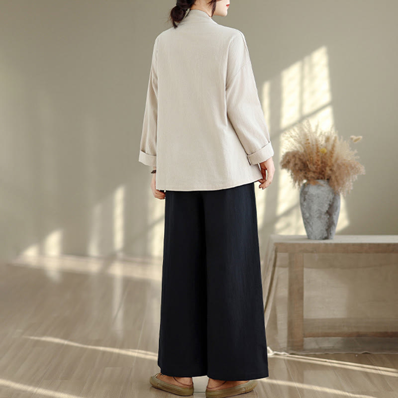Completo da donna con motivo Buddha Stones, composto da maglietta a maniche lunghe con scollo a V e pantaloni a gamba larga, ideale per la meditazione zen. - image 2