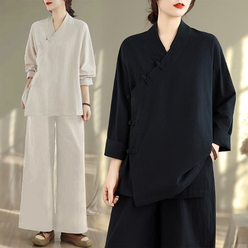 Completo da donna con motivo Buddha Stones, composto da maglietta a maniche lunghe con scollo a V e pantaloni a gamba larga, ideale per la meditazione zen. - image 23