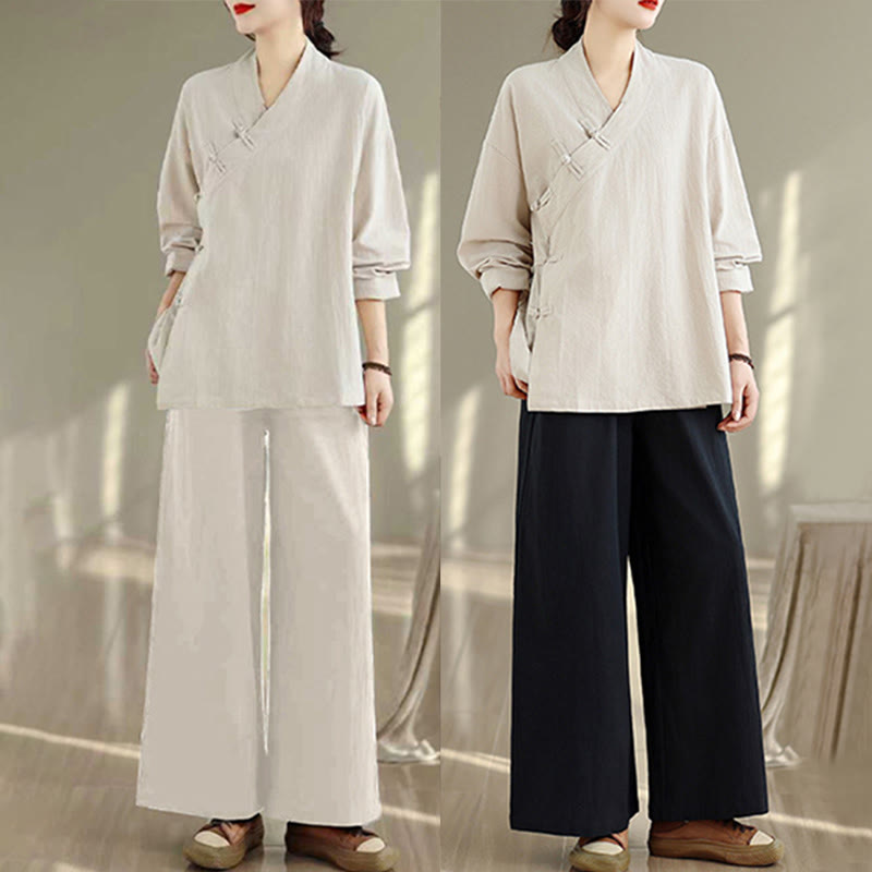 Completo da donna con motivo Buddha Stones, composto da maglietta a maniche lunghe con scollo a V e pantaloni a gamba larga, ideale per la meditazione zen. - image 22