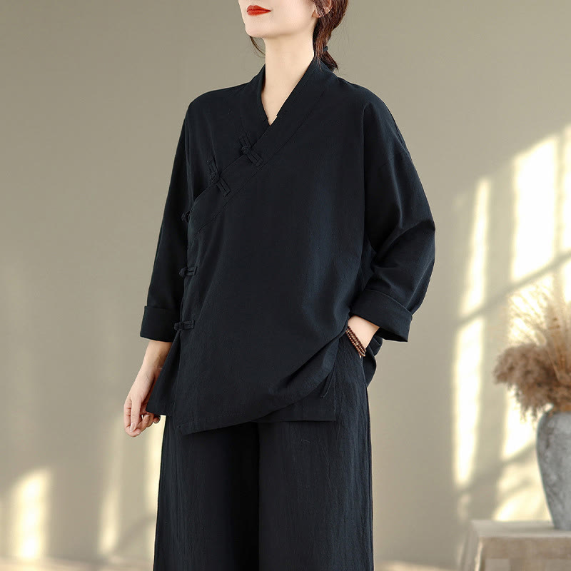 Completo da donna con motivo Buddha Stones, composto da maglietta a maniche lunghe con scollo a V e pantaloni a gamba larga, ideale per la meditazione zen. - image 17