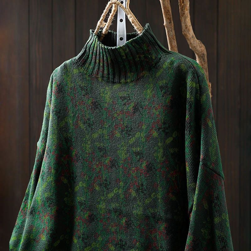 Maglione da donna in cotone con collo alto, manica lunga e motivo a pianta lavorata a maglia Buddha Stones - image 5