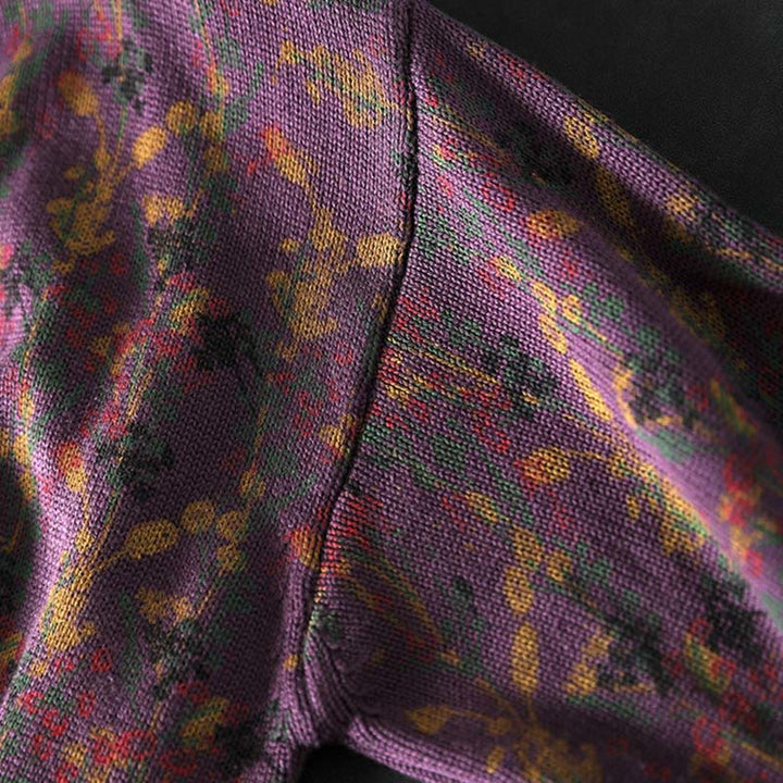 Maglione da donna in cotone con collo alto, manica lunga e motivo a pianta lavorata a maglia Buddha Stones - image 11