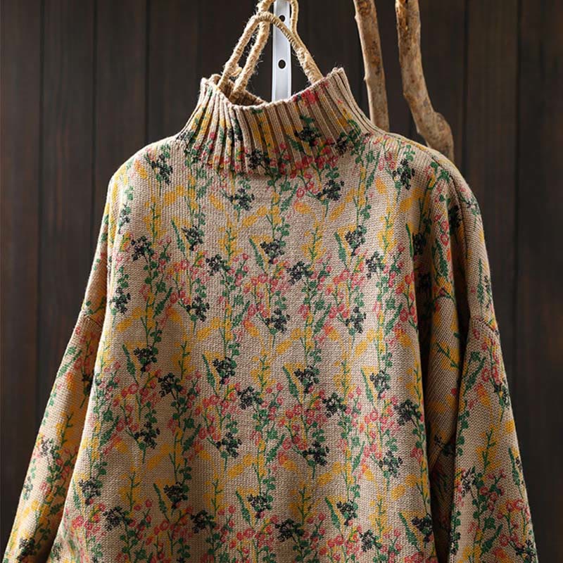 Maglione da donna in cotone con collo alto, manica lunga e motivo a pianta lavorata a maglia Buddha Stones - image 1