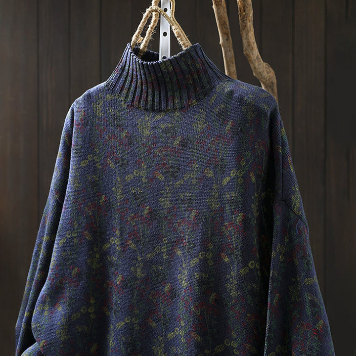 Maglione da donna in cotone con collo alto, manica lunga e motivo a pianta lavorata a maglia Buddha Stones - image 19